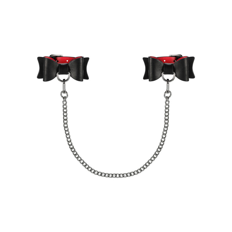 Упаковка шкіряних наручників-бантів Obsessive A745, чорно-червоні