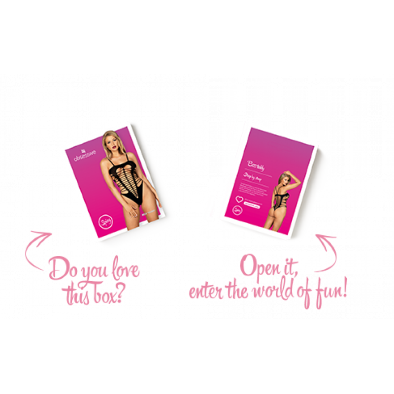 Розмір S/M/L чорного бодістокінгу Obsessive B122 teddy, демонстрація універсальності