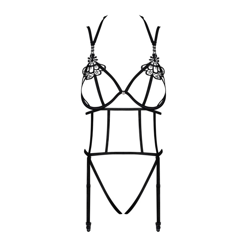 Боді Obsessive Badossa crotchless teddy L/XL, чорне, упаковка, фірмова коробка Obsessive