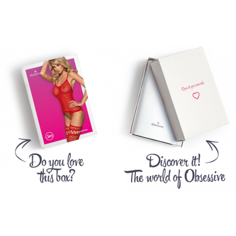 Комплексний вигляд червоного бодістокінгу Obsessive Bodystocking F214 на моделі