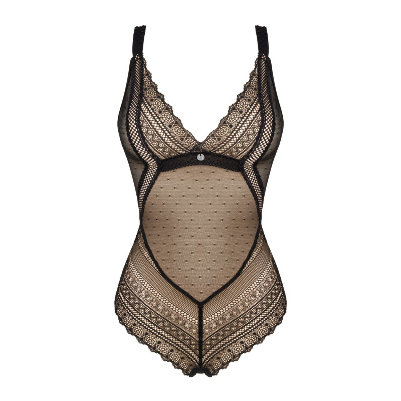 Мереживне боді Obsessive Estiqua teddy M/L чорне - деталі декольте та бретелей