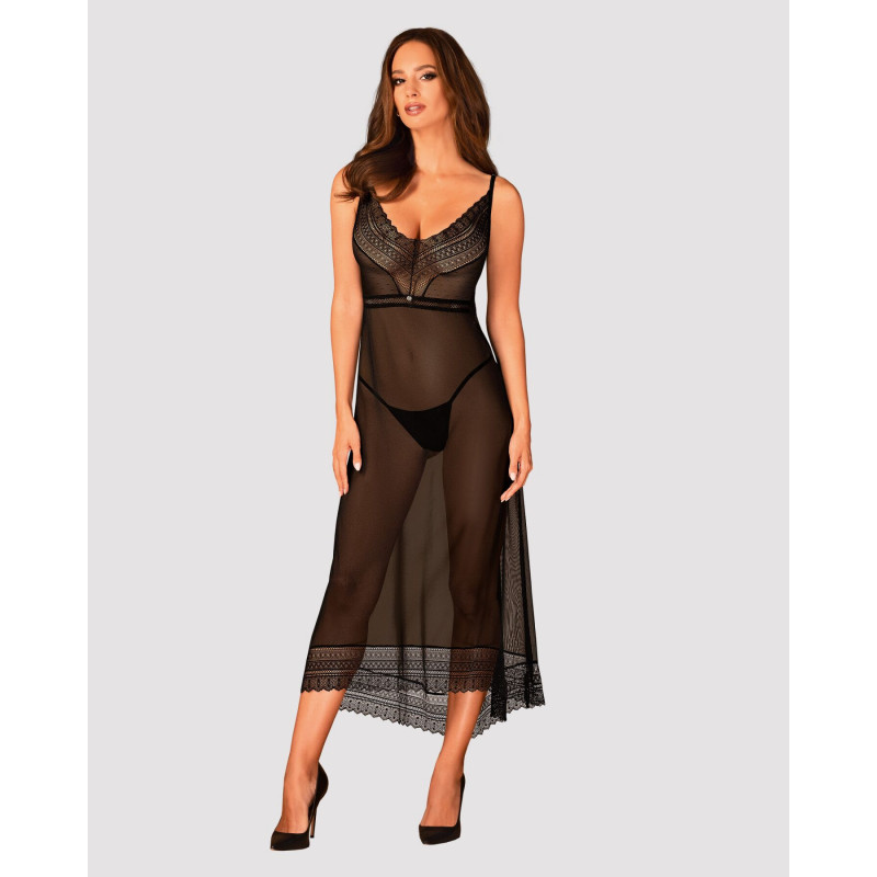 Вигляд збоку на чорну напівпрозору сорочку Obsessive Estiqua chemise XL/2XL, асиметричний поділ