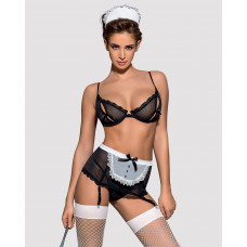 Еротичний костюм покоївки Obsessive Maidme set 5pcs L/XL, бюстгальтер, пояс з фартухом, панчохи, стринг — Keks-Hub