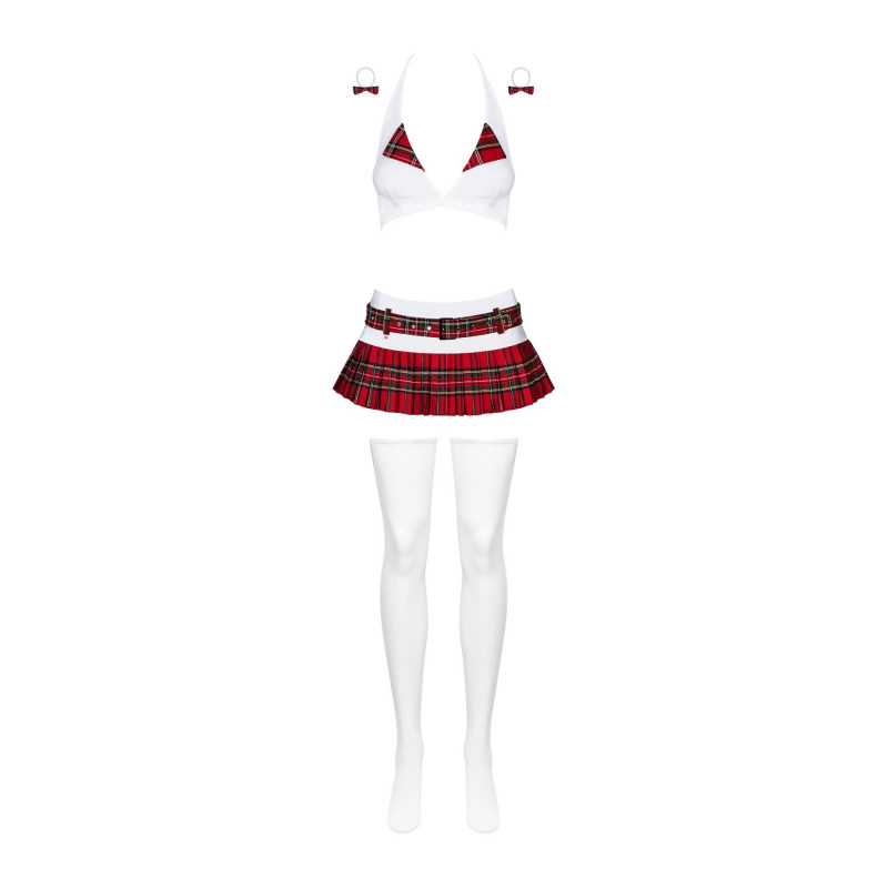 Упаковка еротичного костюма школярки Obsessive Schooly L/XL, біло-червоний, демонстрація комплектації