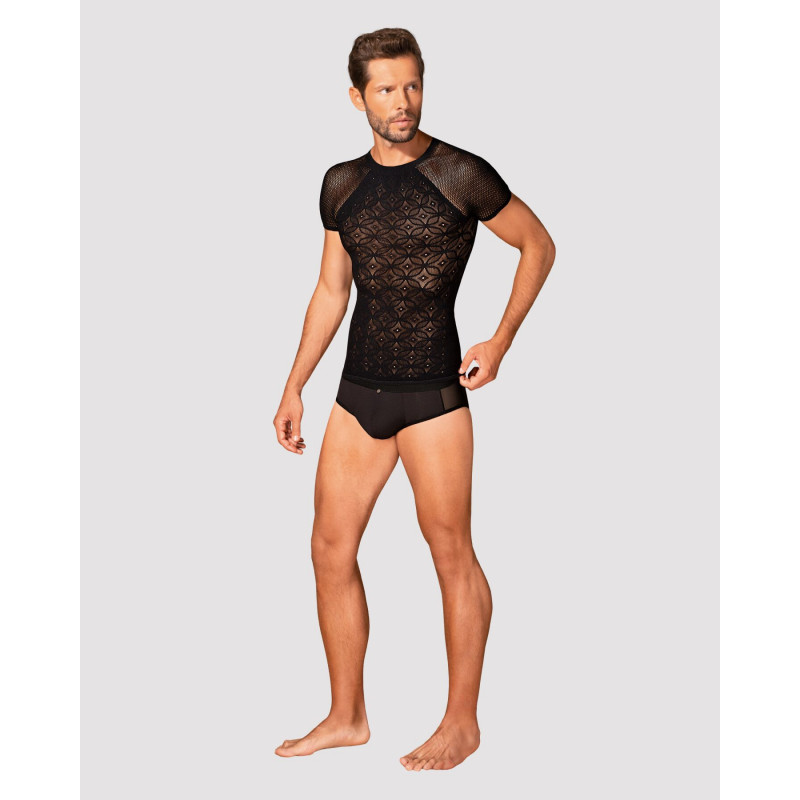 Чорна напівпрозора чоловіча футболка Obsessive T102, вид збоку