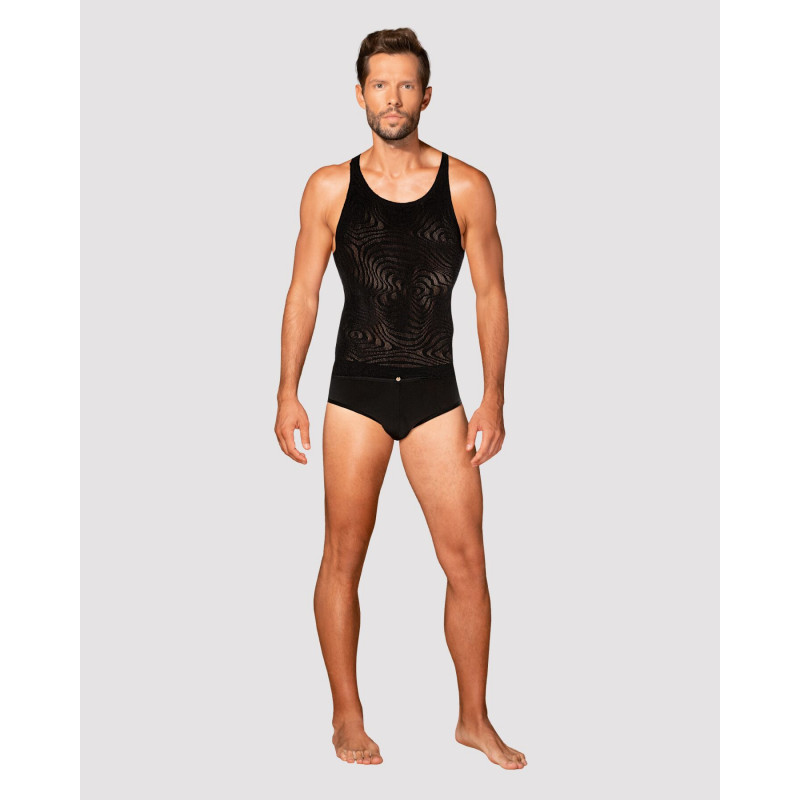 Чоловіча майка-борцовка Obsessive T103 чорна: вигляд збоку, підкреслює фігуру