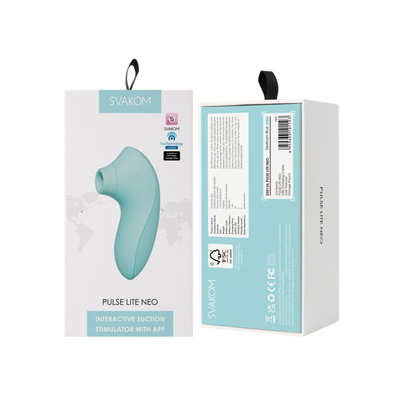 Вакуумний стимулятор Svakom Pulse Lite Neo Seafoam Blue в упаковці, готовий до використання