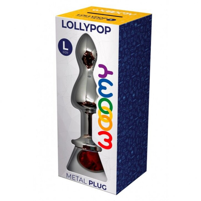 Упаковка анальної пробки Wooomy Lollypop Double Ball Metal Plug Red L, що підкреслює преміальність продукту