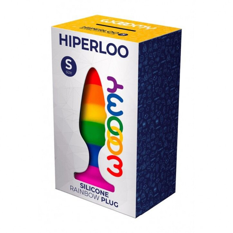 Силіконова анальна пробка Wooomy Hiperloo Rainbow Plug S в стилізованій упаковці бренду Wooomy