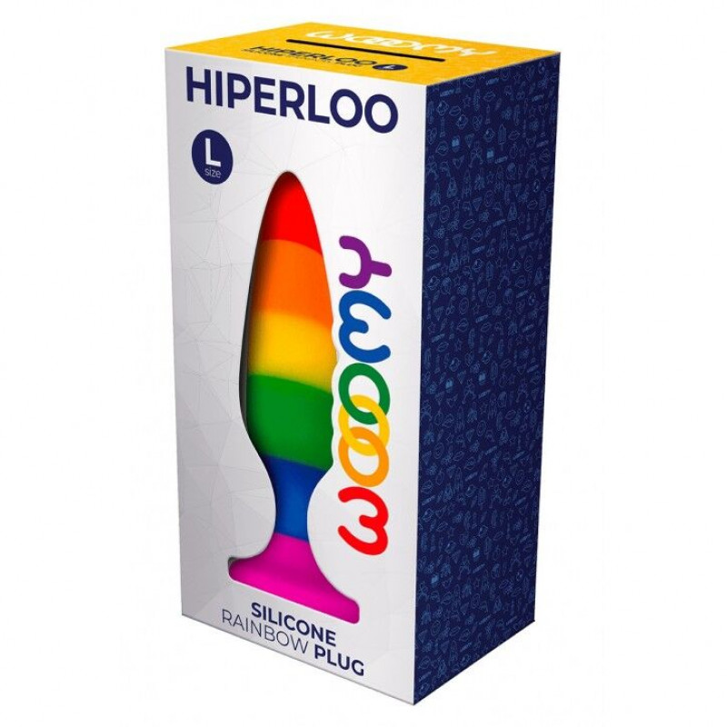 Упаковка силіконової анальної пробки Wooomy Hiperloo Silicone Rainbow Plug L, що підкреслює стильність бренду