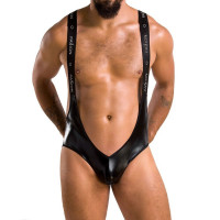 Чоловіче відкрите боді Passion 027 BRUNO S/M Black, імітація латексу, на шлейках