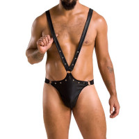 Чоловіче боді Passion 028 HARRY з люверсами S/M Black, екошкіра, на шлейках