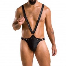 Чоловіче боді Passion 028 HARRY з люверсами S/M Black, екошкіра, на шлейках — Keks-Hub