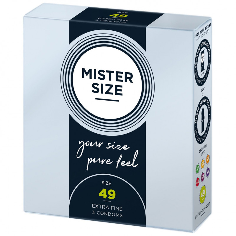 Упаковка презервативів Mister Size pure feel 49 мм, 3 шт, з акцентом на тонкість 0,05 мм