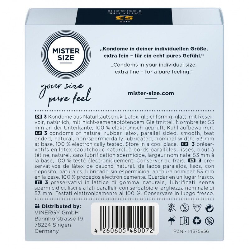 Презерватив Mister Size Pure Feel 53 мм збоку, що демонструє його тонку текстуру