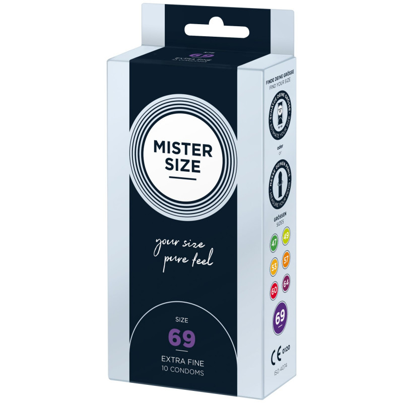 Упаковка презервативів Mister Size pure feel 69: стильний дизайн, 10 штук
