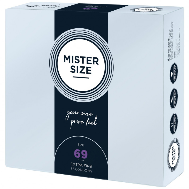 Вигляд збоку упаковки презервативів Mister Size pure feel 69