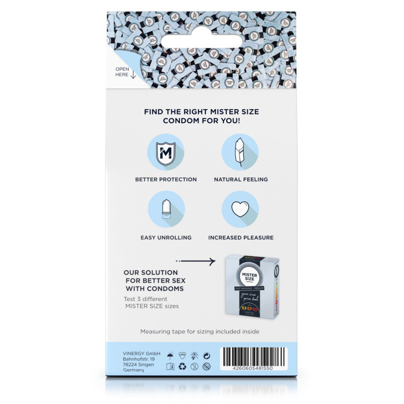 Упаковка набору презервативів Mister Size з лінійкою