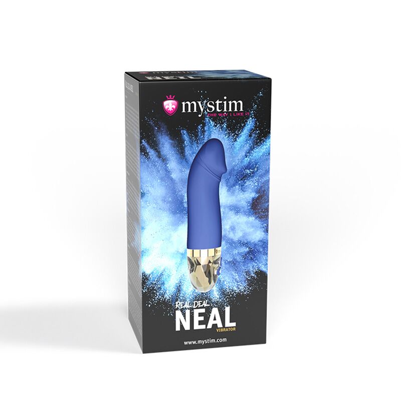 Вібратор Mystim Real Deal Neil Blue у руці, демонструє розмір