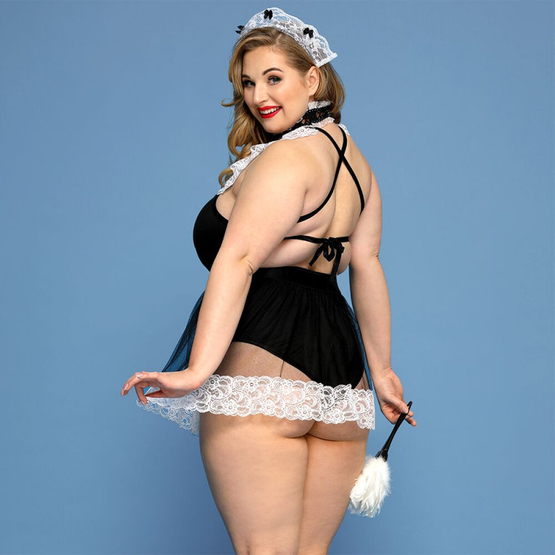 Детальний вигляд костюма покоївки JSY Гаряча Кері Plus Size Black збоку: текстура тканини боді та спідниці