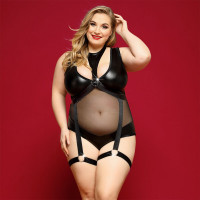 Боді JSY Спокуслива Морган Plus Size, Black, екошкіра, сітка, портупея з гартерами