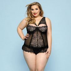 Комплект белья JSY Скромница Брук Plus Size, Black, кружево, корсет, стринги — Keks-Hub