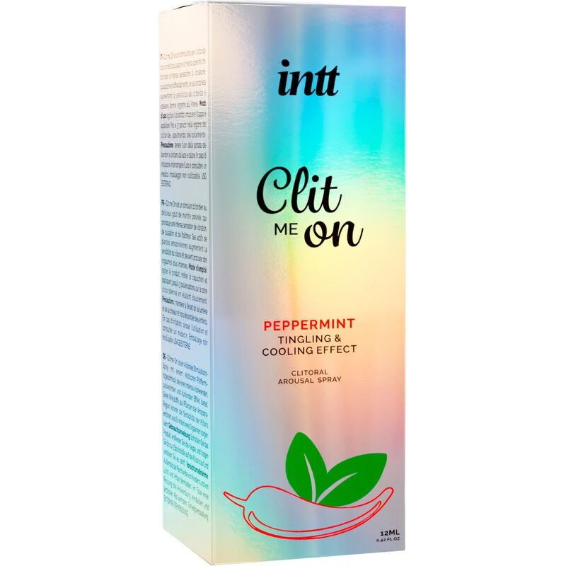 Збуджувальний спрей Intt Clit Me On Peppermint Cooling 12мл - упаковка зблизька, акцент на деталях дизайну
