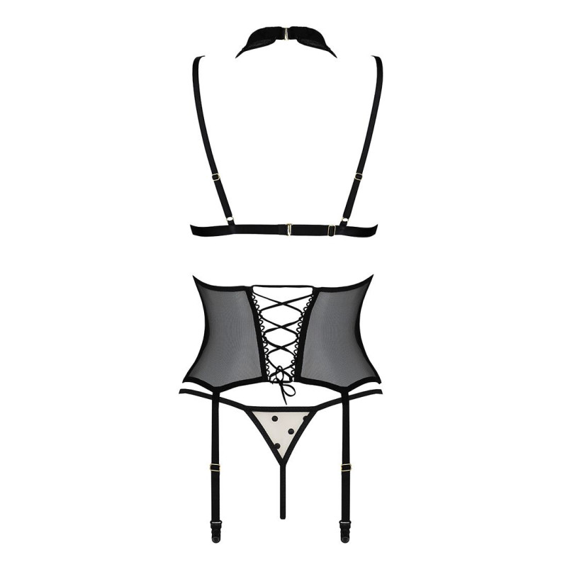 Упаковка бежевого корсета Passion Dominica XXL/XXXL, демонстрация комплекта (корсет, стринги)