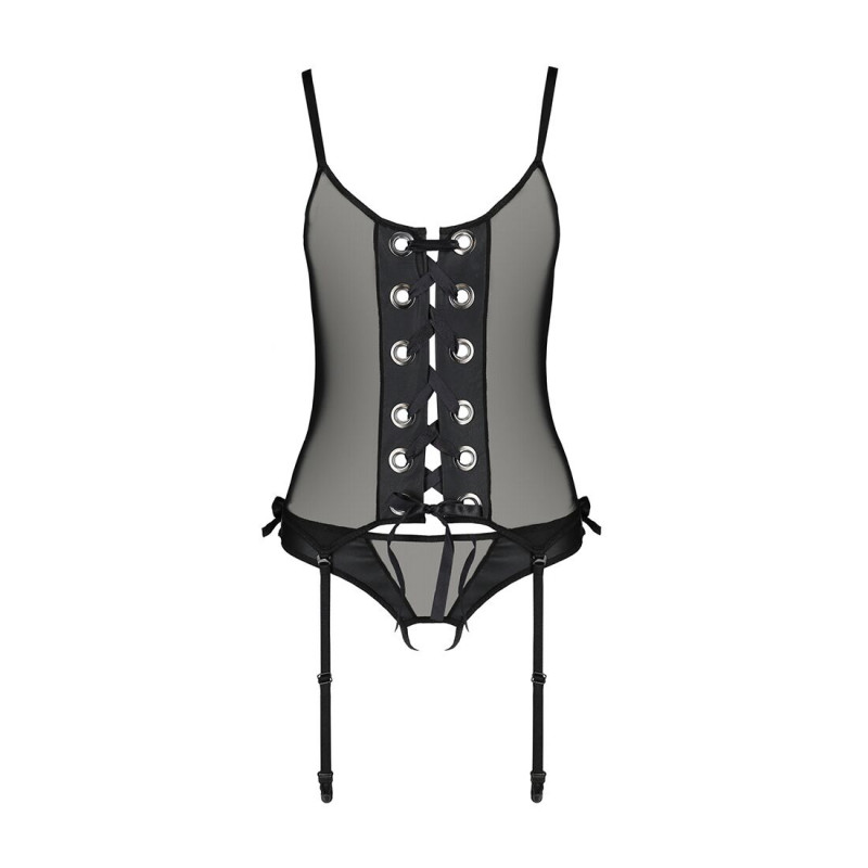 Макрозйомка текстури тканини чорного корсету Passion NESSY CORSET L/XL, що підкреслює його якість та приємну на дотик поверхню.