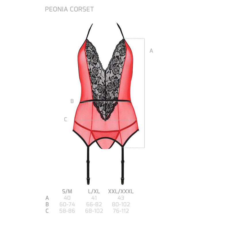 Червоний корсет Passion PEONIA CORSET S/M з пажами для панчіх та стрінгами: повний комплект для створення спокусливого образу