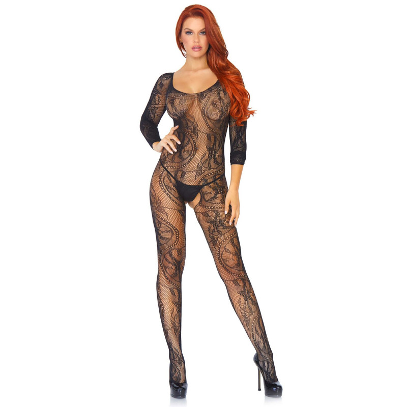 Жіноче бодістокінг Leg Avenue Swirl Lace Bodystocking Black, вид збоку, що підкреслює фігуру
