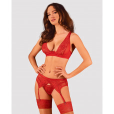 Комплект нижнего белья Obsessive Lacelove cupless 3-pcs set M/L Red, бюстгальтер, стринги, пояс для чулок