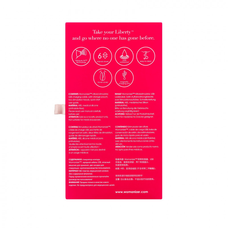 Вакуумний кліторальний стимулятор Womanizer Liberty Pink з усіма комплектуючими: стимулятор, насадки, зарядний пристрій, чохол
