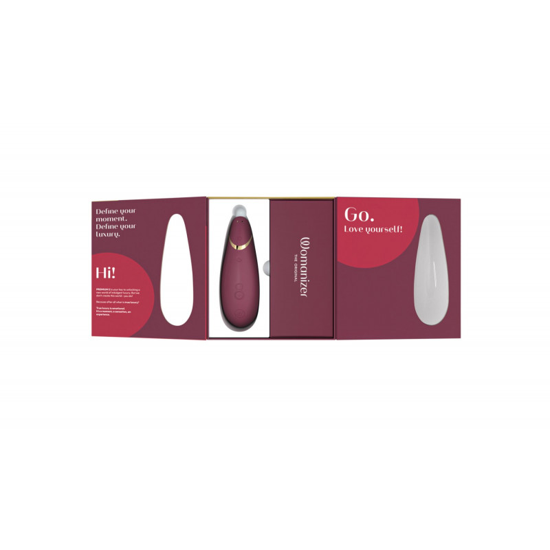 Комплектація Womanizer Premium 2 Bordeaux: стимулятор, зарядний кабель, інструкція, чохол