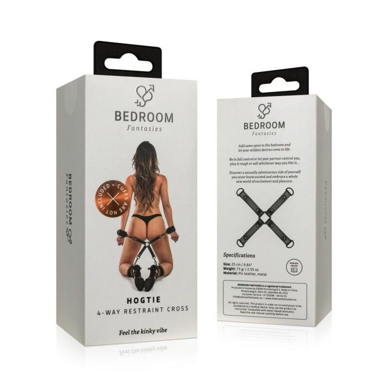 Хрестовина Bedroom Fantasies Hogtie у застосуванні, демонструє 4 варіанти фіксації