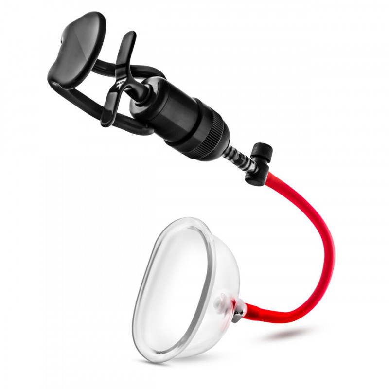 Вакуумна помпа для вульви Blush Temptasia Intense Pussy Pump System, вид збоку, демонстрація роботи важеля