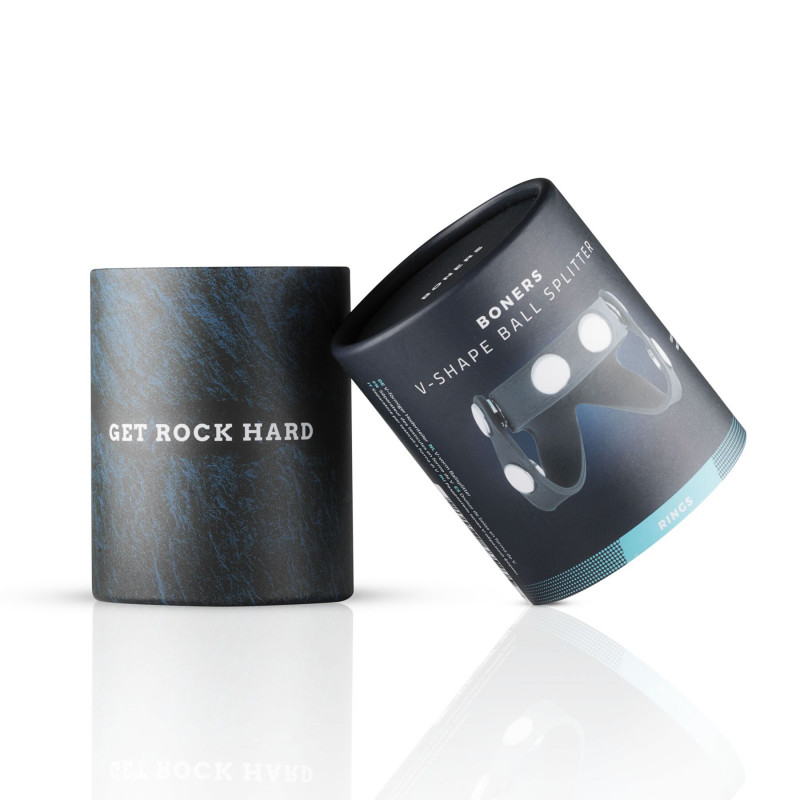 Ерекційне кільце Boners V-shape Ball Splitter в упаковці, демонструє стильний дизайн та готовність до використання.