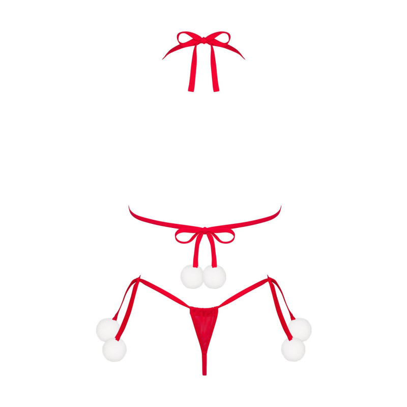 Червоний новорічний комплект білизни Obsessive Bobble Girl з помпонами в елегантній упаковці
