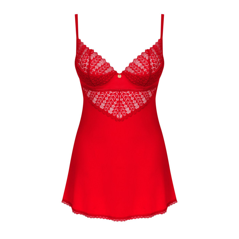 Макрозйомка текстури червоного пеньюара Obsessive Ingridia chemise & thong XL/2XL