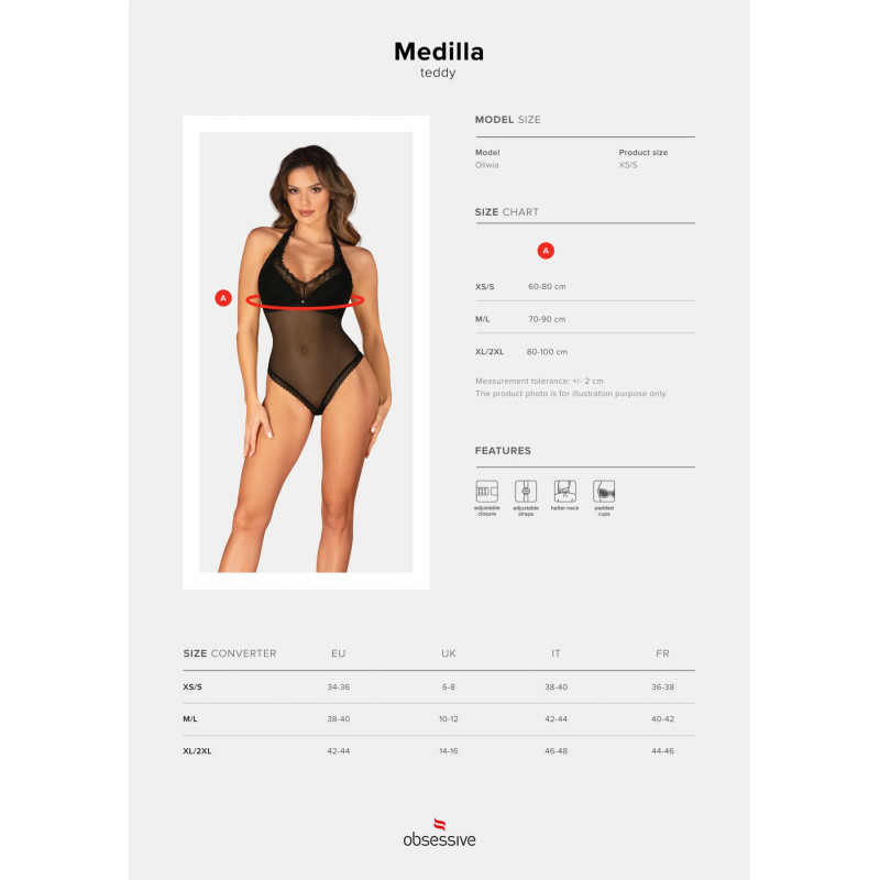 Боді Obsessive Medilla teddy XS/S: детальне фото мереживної аплікації на грудях, витончені квіткові мотиви