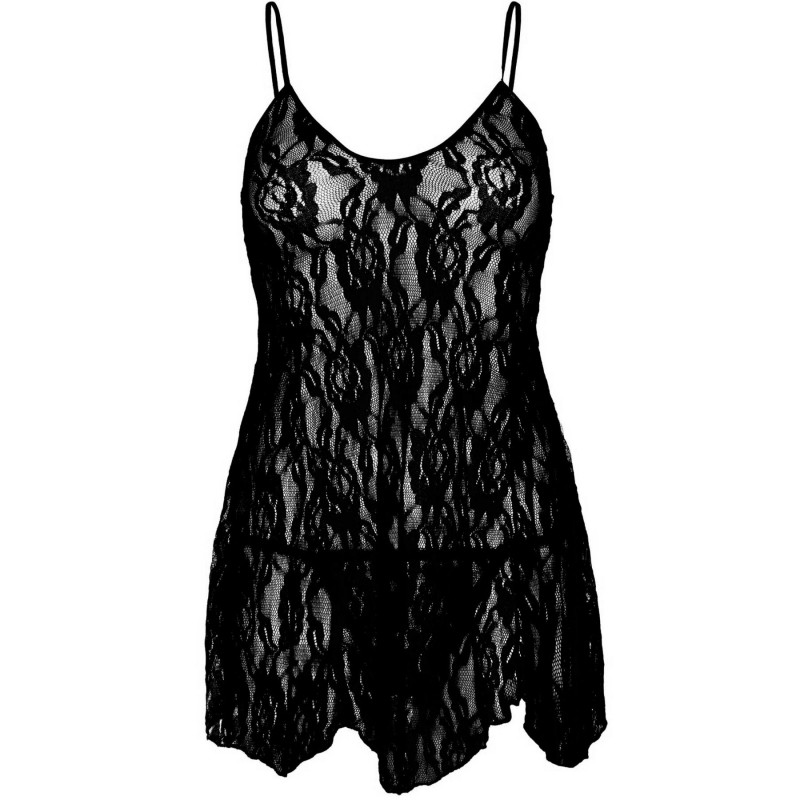 Текстура делікатного мережива на чорній сорочці бебі-дол Leg Avenue Rose Lace Flair Chemise