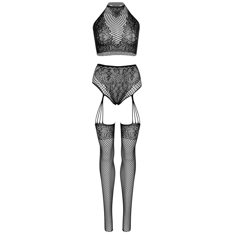 Текстура еластичної тканини та мережива комплекту Leg Avenue Crop top & Garter Panty Black.