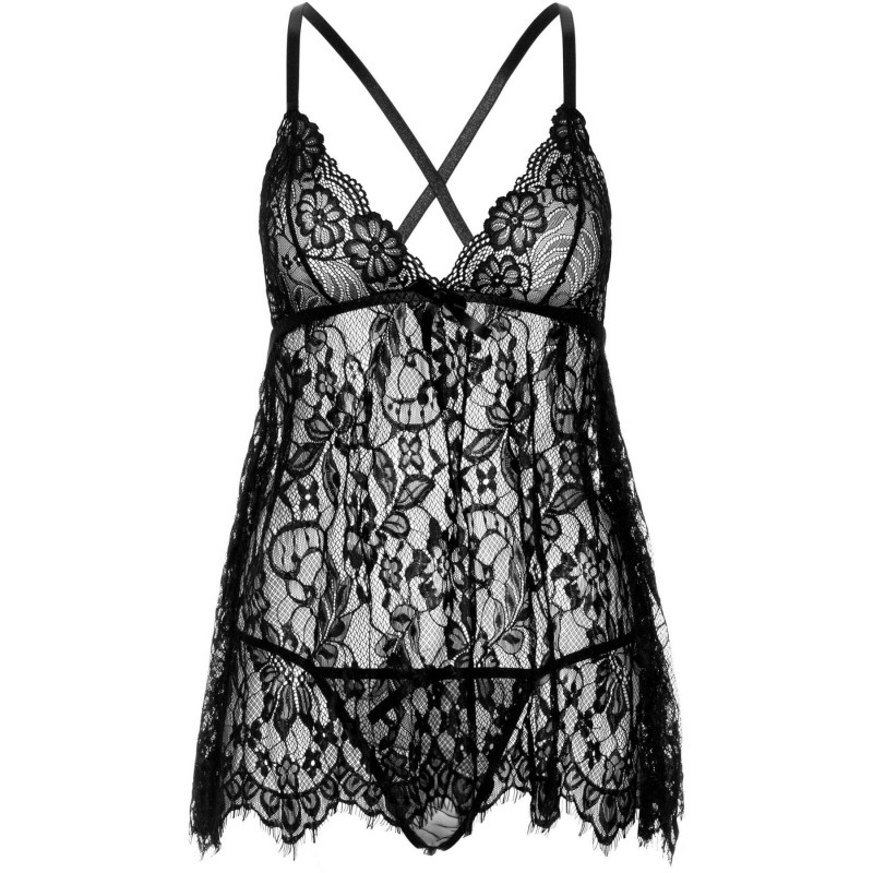 Чорна сорочка бебі-дол Leg Avenue Floral lace babydoll & string збоку, підкреслюючи силует