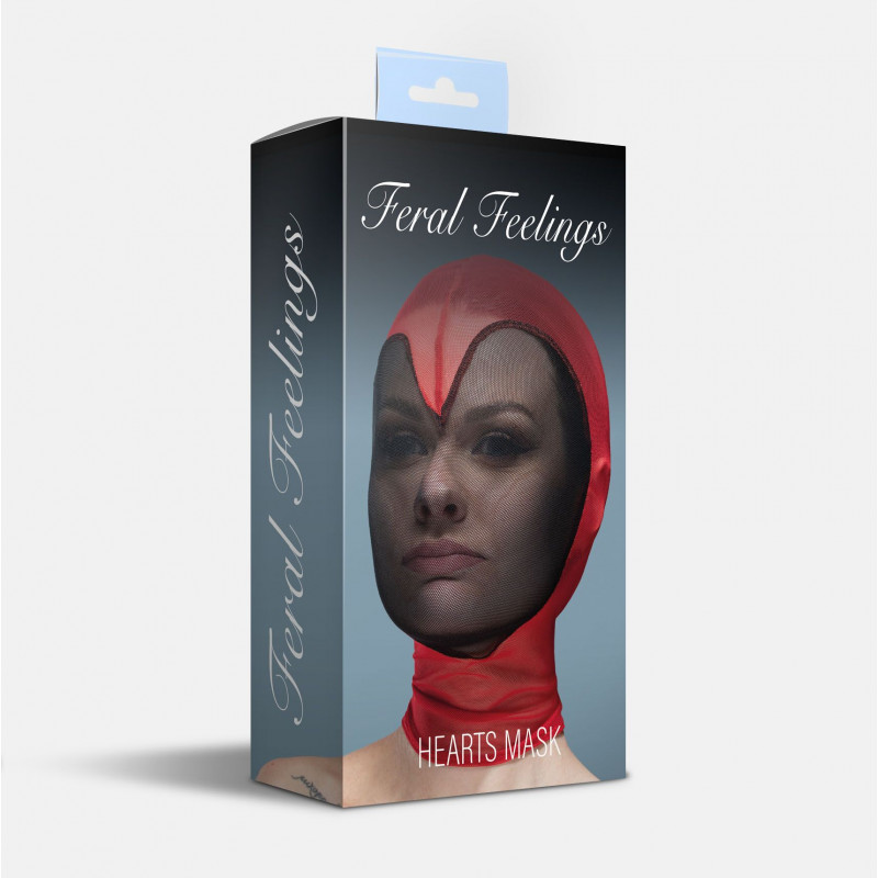 Вигляд збоку на маску Feral Feelings Hearts Mask сітчасту, червоно-чорну, показує її форму та щільність прилягання