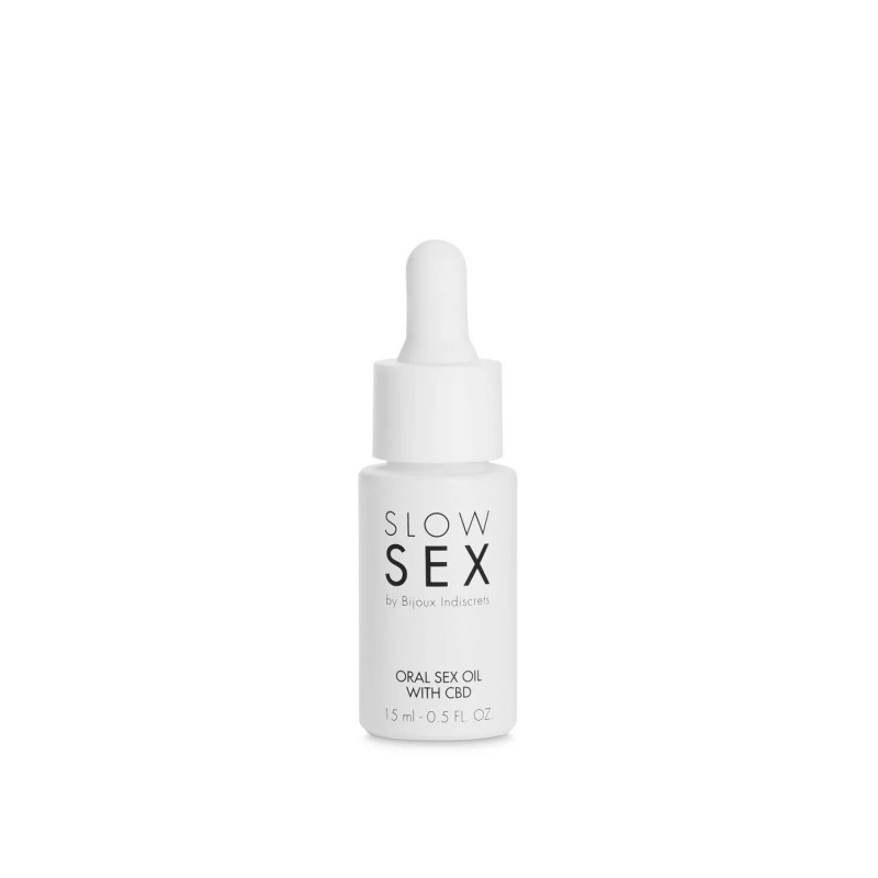 Олія для орального сексу Bijoux Indiscrets Slow Sex Oral Sex Oil CBD (15 мл) збоку, демонструючи дизайн пляшечки.