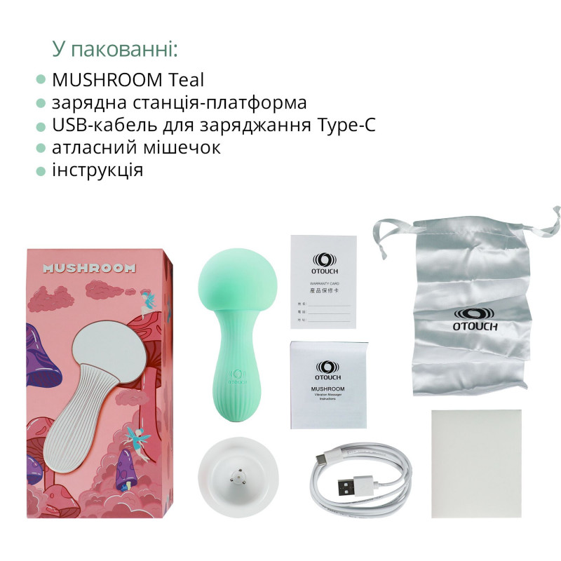 Комплектація вібромасажера Otouch MUSHROOM Teal: масажер, кабель, інструкція