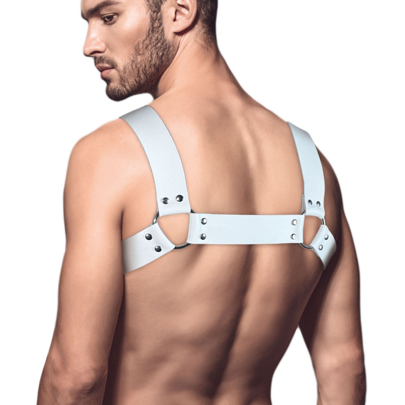 Чоловіча портупея Feral Feelings Bulldog Harness White у деталях, вигляд збоку, текстура натуральної шкіри