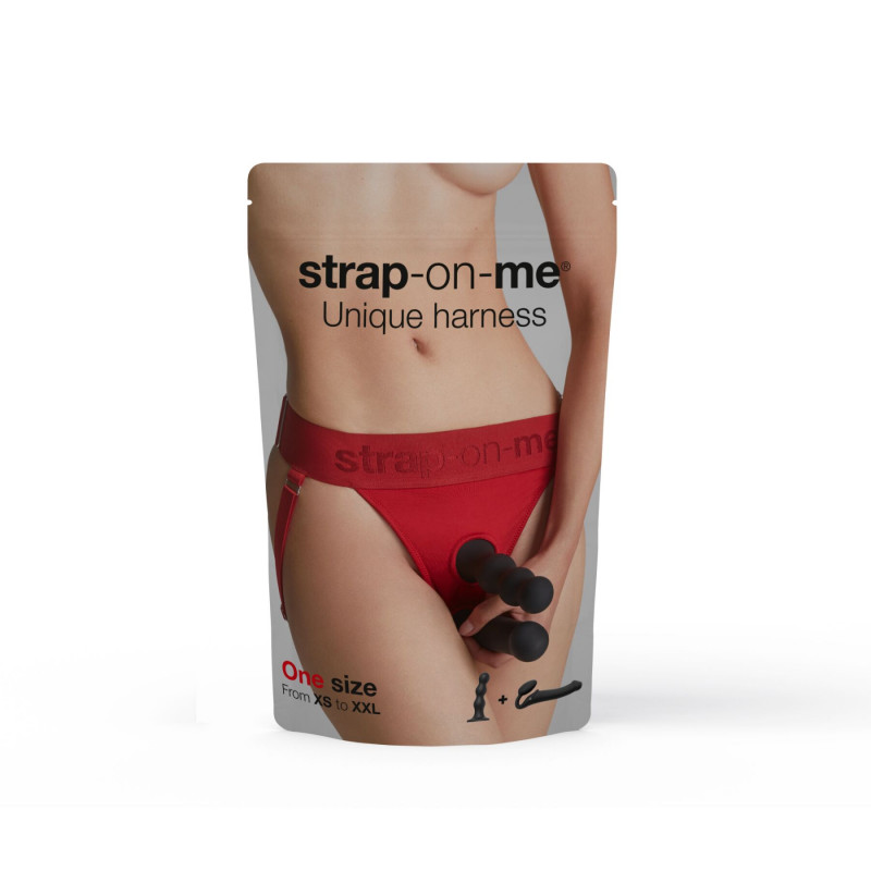 Червоні трусики для страпона Strap-On-Me HARNAIS LINGERIE UNIQUE: вигляд ззаду, демонстрація дизайну