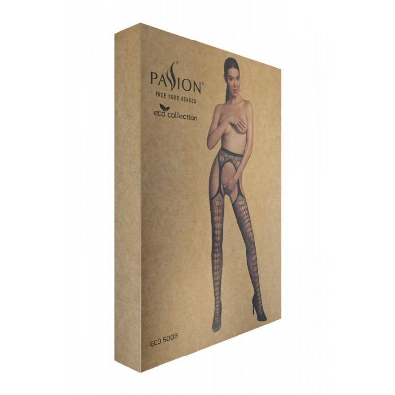 Еротичні колготки-бодістокінг Passion ECO S008 black, зона декольте, прозорість