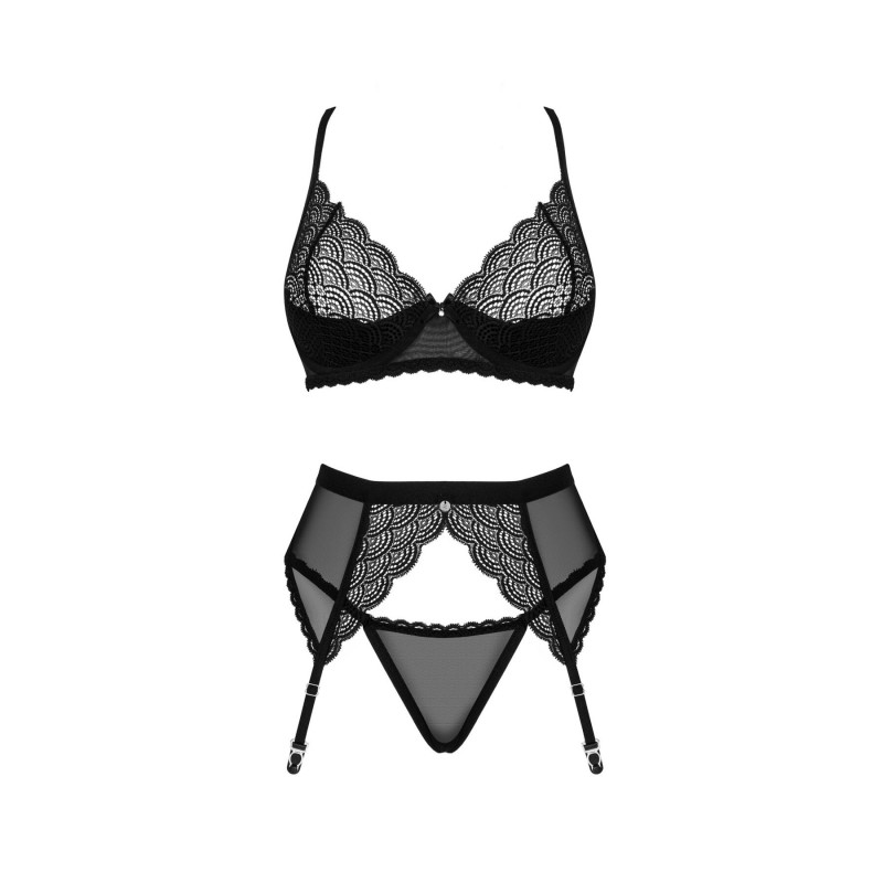 Комплект Obsessive Chemeris 3-pcs set XL/2XL: стрінги, пояс для панчіх, бюстгальтер - текстура мережива, ніжність матеріалу